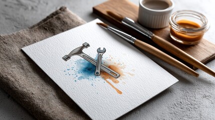 Tools depicted with watercolor splashes.