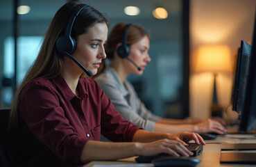 Female customer service representatives working in office at night. Tech support operator uses headset computer for online help. Teamwork, overtime shift, corporate business. Modern communication