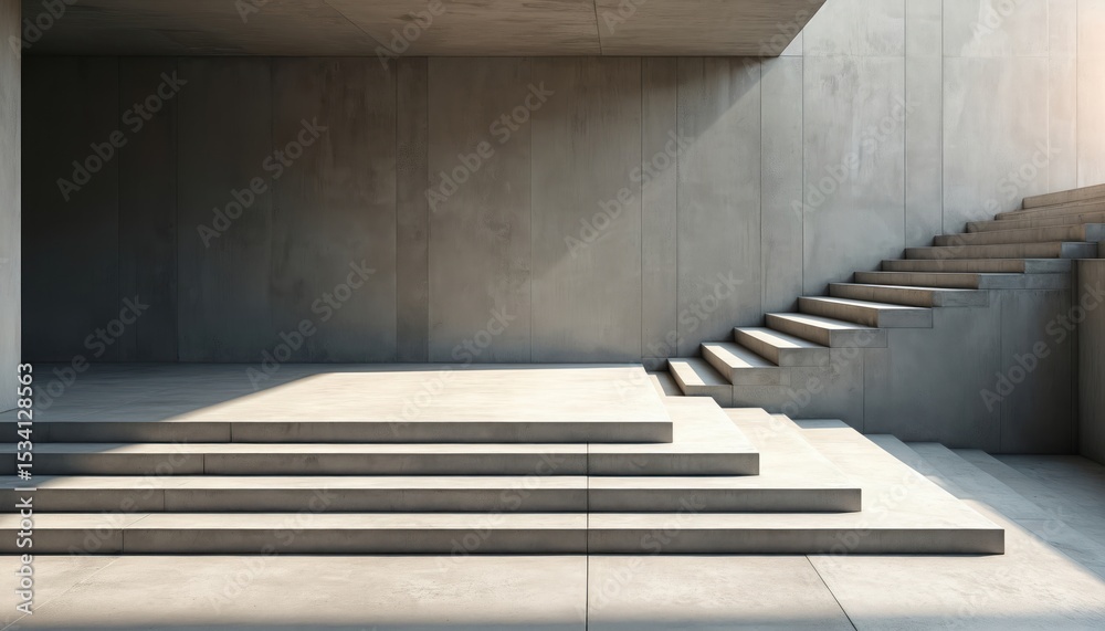 Poster Modern minimalist concrete stairs and platforms. Sunlight creates shadows. Urban backdrop is ideal for product display. Architectural design with monochrome texture. Steps lead upward.