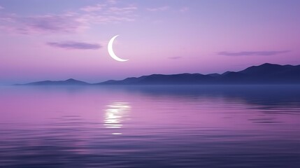 A tranquil scene of a golden crescent moon rising above a serene, glass-like sea, the water softly reflecting the moon's glow, gentle ripples spreading outward under a pale violet sky.