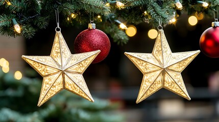 Elegant christmas ornaments hanging on a christmas tree with lights bokeh