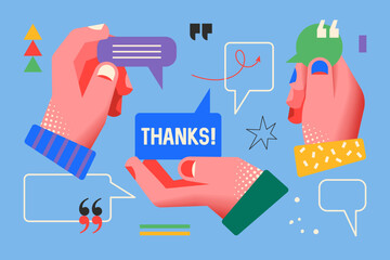 Modern creative concept for review, quote, comments and client feedback with hands design . Business vector illustration for social media, banner or presentation template