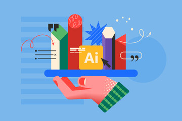 Modern creative concept for using Artificial Intelligence chatbot and AI assistant with hand design. Business vector illustration for social media, banner or presentation template