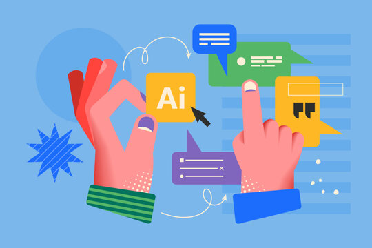 Modern creative concept for using Artificial Intelligence chatbot with hands design . Business vector illustration for social media, banner or presentation template
