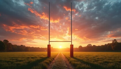 Rugby union goal posts on green field at sunset. Evening sky in orange tones. Athletic competition sports game at dusk. Sports field, game outdoor, team sport.