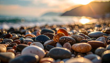 Sunset Serenity: Smooth Stones on a Tranquil Beach