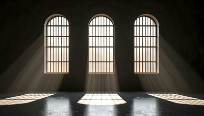 Sunbeams Illuminating Three Arched Windows in a Dark Room