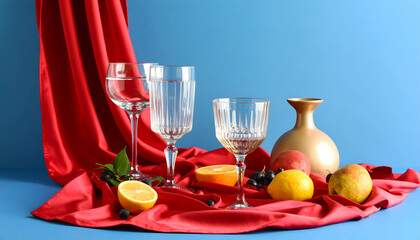 Still Life with Fruit and Glassware on Red Drape