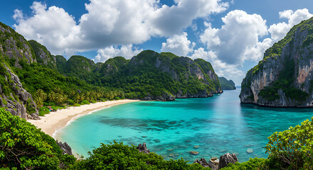 Obraz premium Tropical Paradise Beach with Turquoise Water and Lush Cliffs