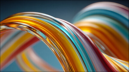 Abstract colorful ribbons swirling against a dark background in a close up shot