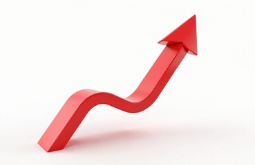 Dynamic red arrow pointing upward, white background. Growth direction, financial progress, success, business development, marketing, investment, upward trend, positive change, strategy, achievement.