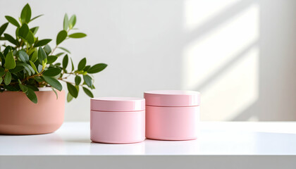 Pink Cream Jars and Plant: Beauty Product Mockup