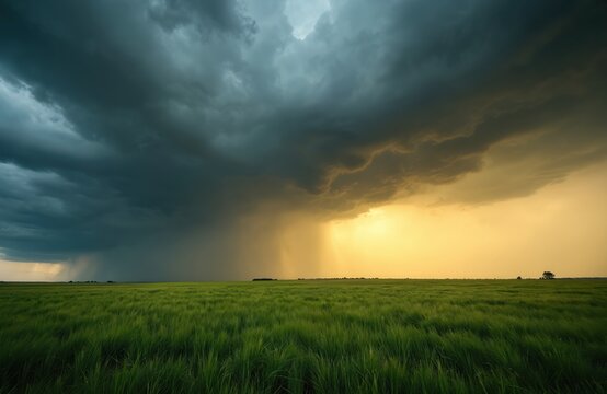 Dramatic storm clouds above rural field with green wheat. Rain falls on agricultural landscape. Beautiful scenery, dramatic sky, weather phenomena, climate change. Crop, nature, scenic, weather.