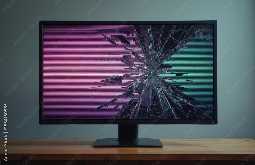Aufkleber cracked computer monitor screen with colorful glitch effect. display broken, damage concept. digital