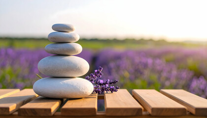 Serene Stacked Stones on Wooden Plank in Lavender Field