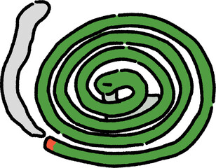 This hand-drawn mosquito coil illustration evokes nostalgic summer nights with aromatic smoke and vintage charm.