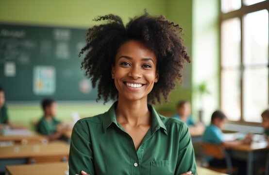 Smiling African American female kindergarten teacher portrait in classroom. Happy black woman educator, looking at camera. Children, preschool, education. Positive vibes, friendly learning