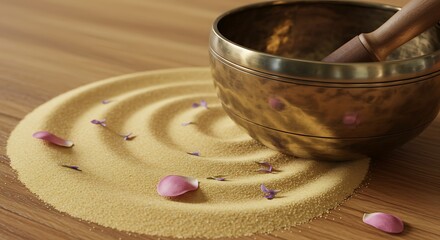 Singing Bowl with Sand Patterns and Petals on Wooden Surface variation 3