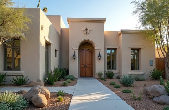 Fototapeta Southwestern home entrance with wooden door, arch doorway. Desert landscape, stone path, beige walls, plants. Luxury house exterior, warm sunny day. Architecture, design, travel, home, vacation.