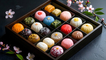 Assorted Colorful Wagashi in Wooden Box