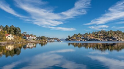 Fototapeta premium Serene coastal landscape with calm water reflecting houses and sky. Autumnal foliage adds color