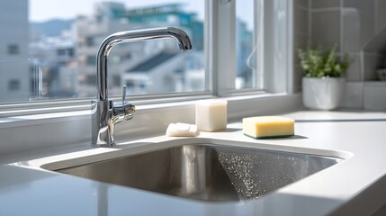 Close-up of a kitchen sink featuring soap creating a clean and fresh environment in a modern domestic space