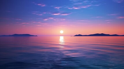 A warm orange moon rising slowly over a tranquil navy sea, its reflection forming a shimmering golden trail on the water, the sky a blend of dark blue and deep purple.