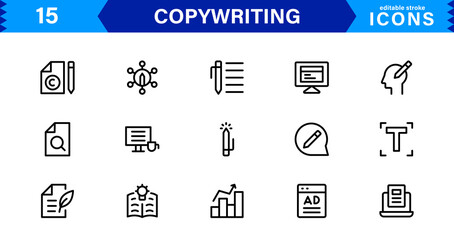 Copywriting Icon Set Featuring Content Creation, Writing, Editing, Marketing, and Communication Symbols in a Professional, Vector-Based Design