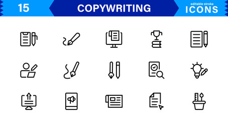 Copywriting Icon Set Featuring Content Creation, Writing, Editing, Marketing, and Communication Symbols in a Professional, Vector-Based Design