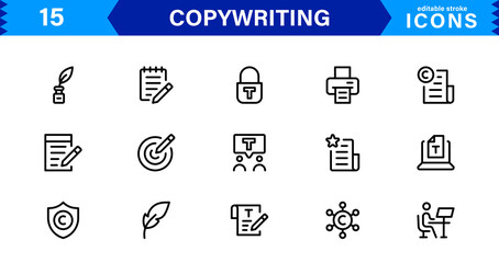 Copywriting Icon Set Featuring Content Creation, Writing, Editing, Marketing, and Communication Symbols in a Professional, Vector-Based Design