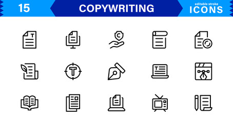 Copywriting Icon Set Featuring Content Creation, Writing, Editing, Marketing, and Communication Symbols in a Professional, Vector-Based Design