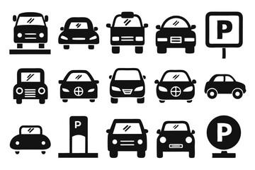 Fototapeta premium Collection of black car icons and parking signs with simple flat design elements