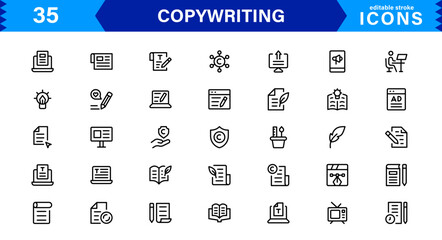 Copywriting Icon Set Featuring Content Creation, Writing, Editing, Marketing, and Communication Symbols in a Professional, Vector-Based Design