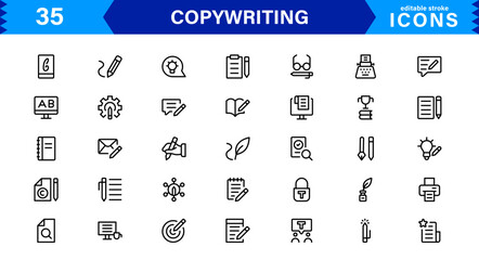 Copywriting Icon Set Featuring Content Creation, Writing, Editing, Marketing, and Communication Symbols in a Professional, Vector-Based Design