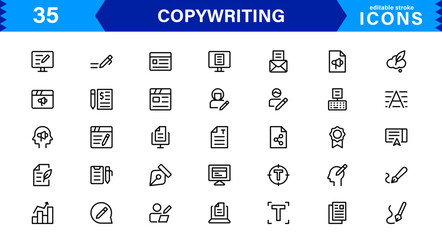 Copywriting Icon Set Featuring Content Creation, Writing, Editing, Marketing, and Communication Symbols in a Professional, Vector-Based Design