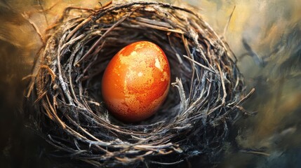A single, orange-hued egg nestled in a weathered bird's nest against a blurred background.