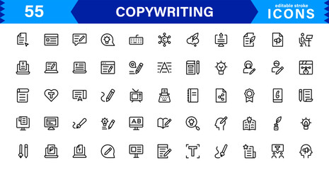 Copywriting Icon Set Featuring Content Creation, Writing, Editing, Marketing, and Communication Symbols in a Professional, Vector-Based Design