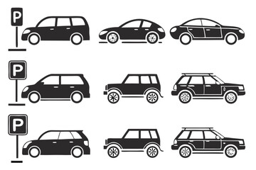 Collection of black car silhouettes with parking signs on white background