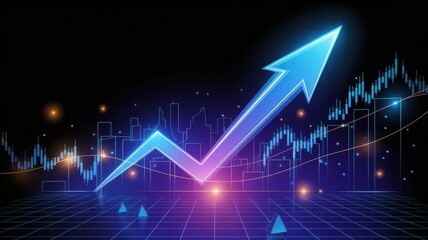 Neon Upward Arrow Graph Reflecting Growth and Success on Futuristic Digital Background