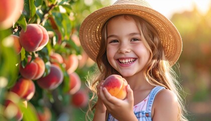 Happy child eating a peach in the garden