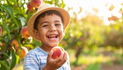 Happy child eating a peach in the garden.