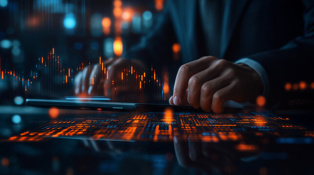 Stock Trader Using Tablet with Holographic Market Data &ndash; Modern Fintech Concept