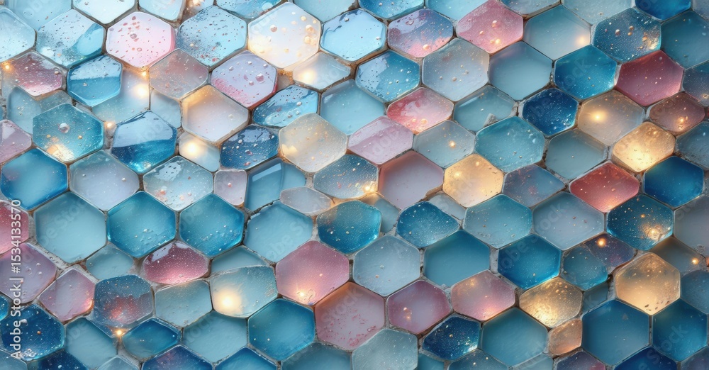 Poster Hexagonal patterns dominate image. Colors include blues, pinks, golds. Light reflects, creating sparkling effect. Abstract texture fills frame.