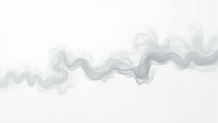 A wispy, elegant trail of dark grey smoke undulating across a pristine white background. The smoke forms a smooth, horizontal wave-like pattern, appearing delicate and ethereal.