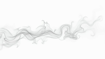 A wispy, elegant trail of dark grey smoke undulating across a pristine white background. The smoke forms a smooth, horizontal wave-like pattern, appearing delicate and ethereal.