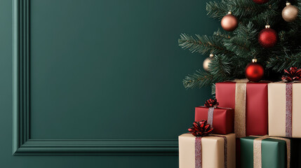Luxurious Christmas gift display featuring beautifully wrapped presents in red, gold, and green colors, adorned with festive decorations, creating warm holiday atmosphere