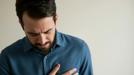 Man in blue shirt experiencing chest discomfort while standing against a plain background