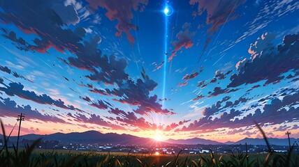 a beam through twilight skies anime style image
