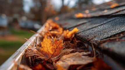 A leaf is on the gutter of a house