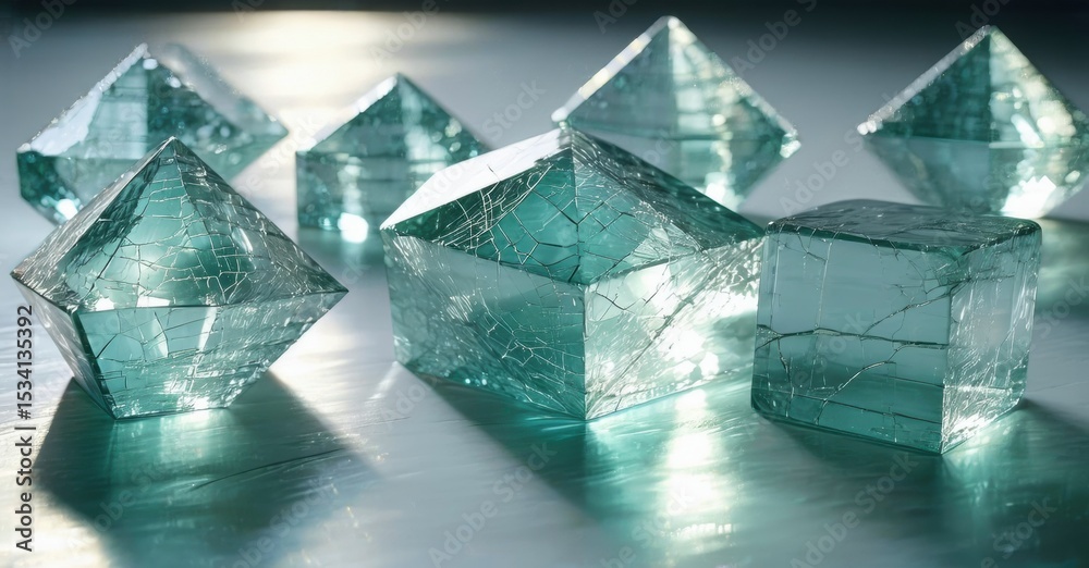 Poster Fractured glass shapes rest upon reflective surface. Light plays across cracked textures, creating visual interest. Minimalist composition.